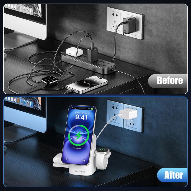 RESSONIC 3-in-1 Wireless Charger, Qi2 15W Fast Charge for iPhone Watch AirPods