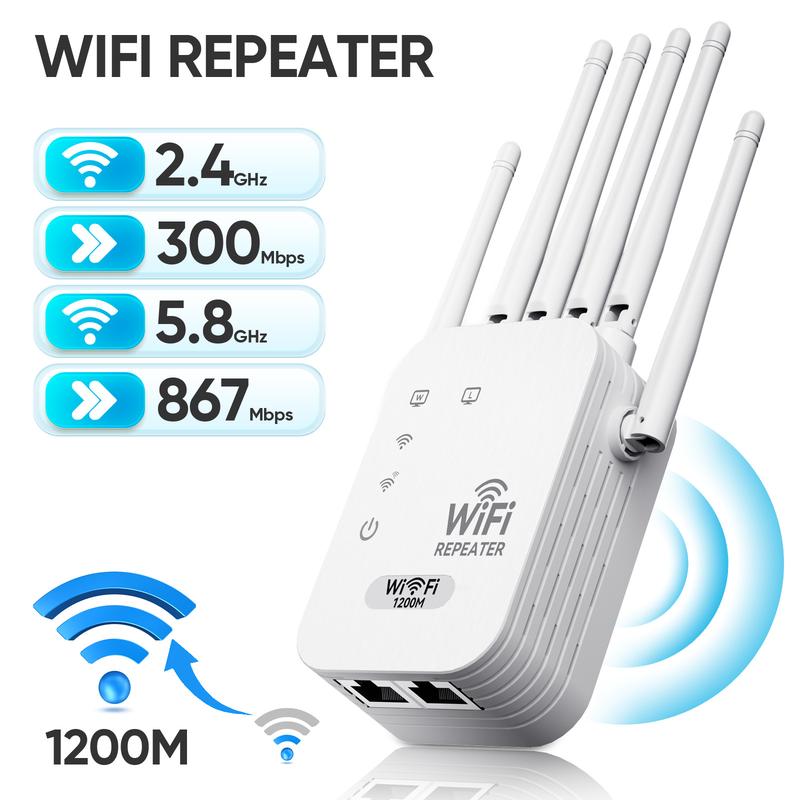 WiFi Extender 2025, 1200Mbps Dual Band Booster, 6 Antennas, Long Range