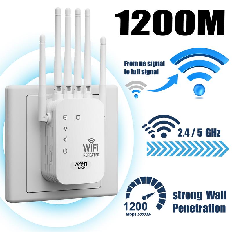 WiFi Extender 2025, 1200Mbps Dual Band Booster, 6 Antennas, Long Range