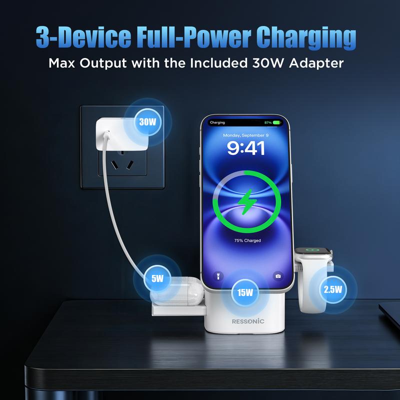 RESSONIC 3-in-1 Wireless Charger, Qi2 15W Fast Charge for iPhone Watch AirPods
